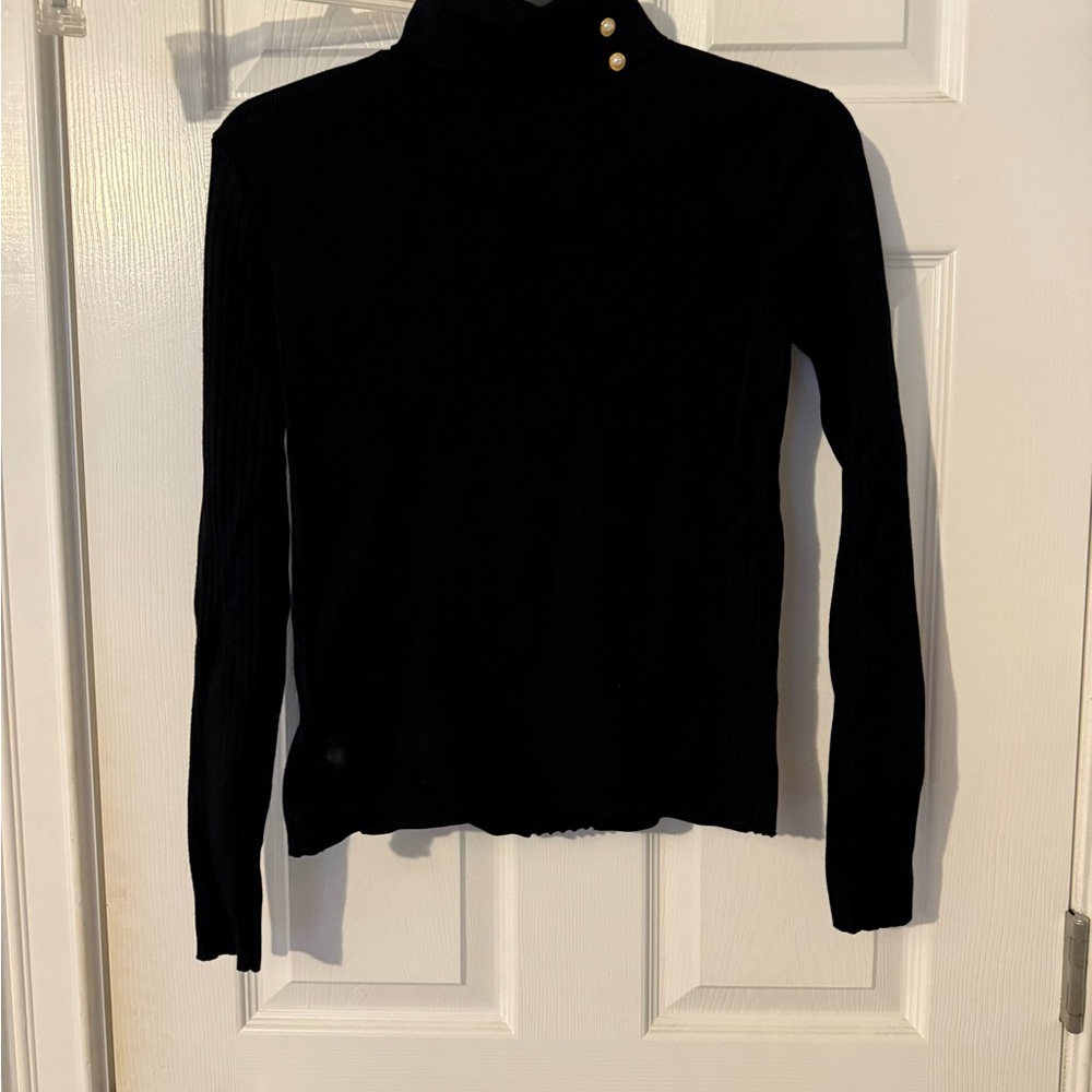 Truth by Republic Black Ribbed Turtleneck Sweater W Gold Pearl Button(Size S/P)
